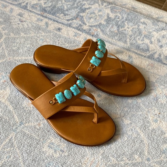 Italian Shoemakers Tan Leather Thong Sandals w/ Turquoise Beads - Picture 3 of 4